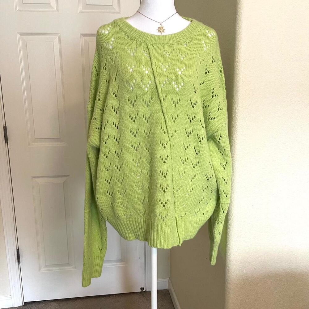 Lime Green Oversized Knit Sweater with heart-shaped cutouts - size medium